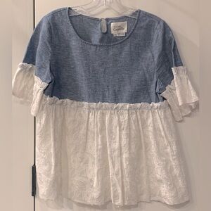 Anthro Atelier Camille Blue Linen/embroidered Ruffle Short Sleeve Blouse XS